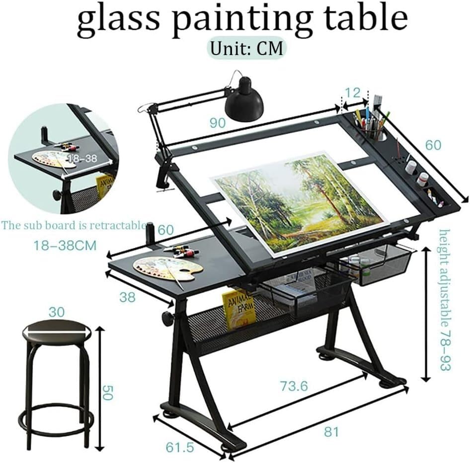 Drafting Table for Artists, Drawing Table Height Adjustable with Stool, Tempered Glass Top and 2 Drawers Draft Desk, Up to 50° Tiltable