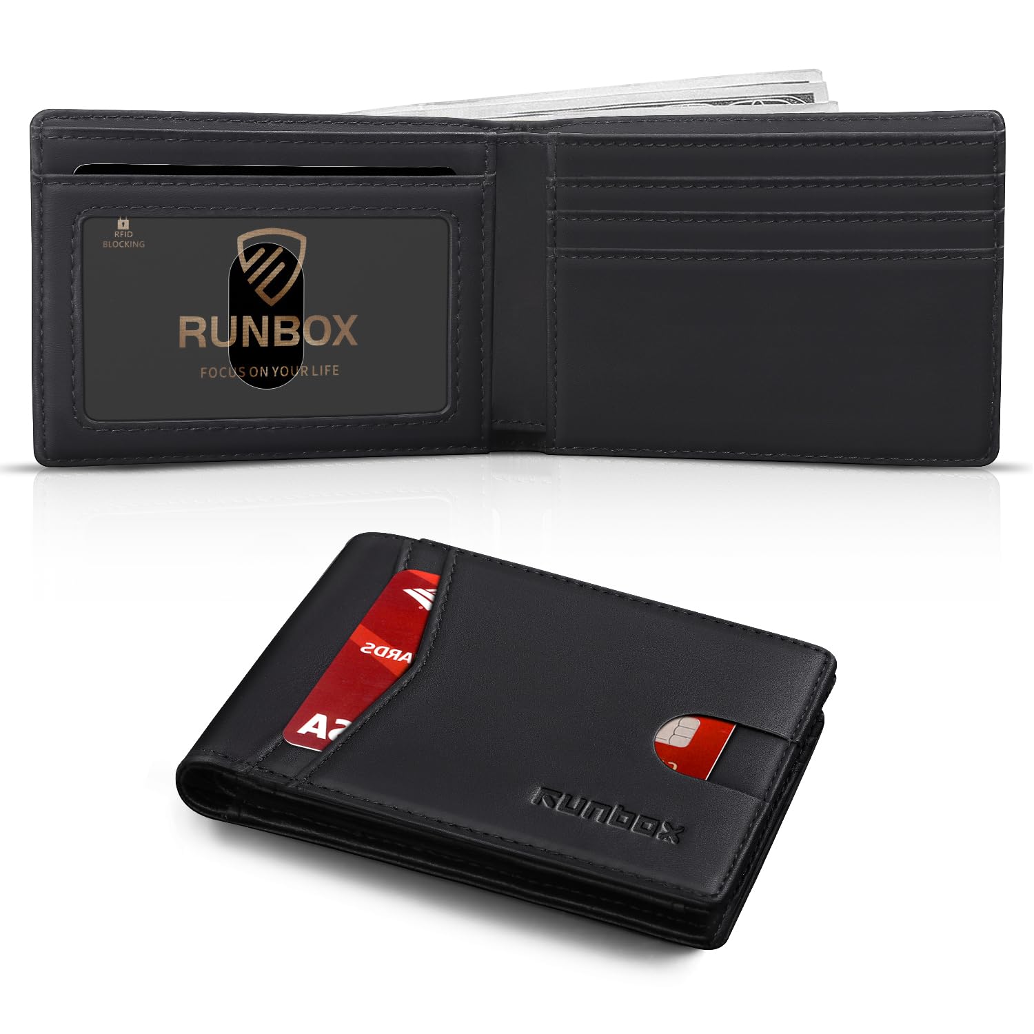 RUNBOX Wallet for Men Slim Leather Bifold RFID Blocking Minimalist Front Pocket Design with Gift Box