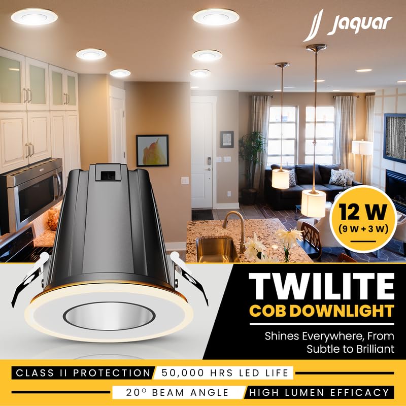 Image of Jaquar 9W + 3W Twilite Round COB Light for Ceiling | Warm White | 3-Way Mood Light with Ring Ambience | High Lumen Efficiency Spotlight for False Ceiling (Cutout ? 70mm) | Pack of 1