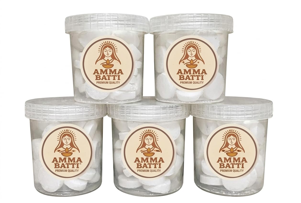 100g Amma Batti Camphor Tablets (5x20g Jars) for Pooja, Aarti & Havan | Smokeless, Clean Burning | Big Size, Long-Lasting | Natural Air Freshener | Vastu & Home Use | with Amma Wishing Card-image-19