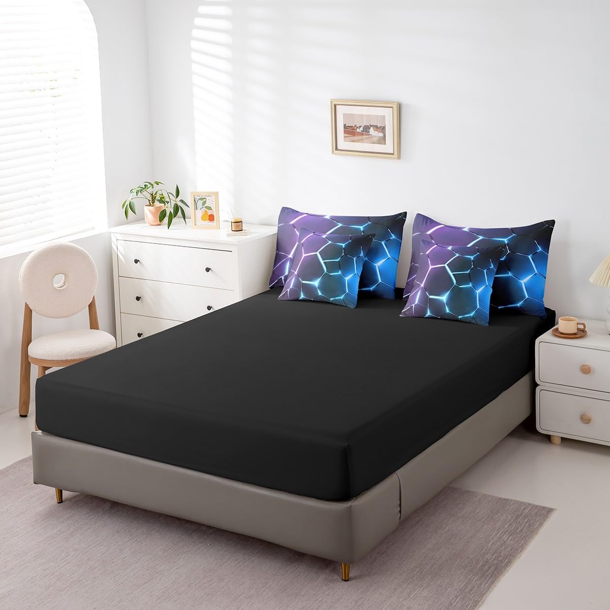 Feelyou Honeycomb Bed in a Bag Set, 7-Piece Hexagonal Ombre Blue Purple Bedding Twin Size, 2 Pillowcases, 2 Cushion Covers,1 Comforter, 1 Fitted Sheet, 1 Flat Sheet, All Seasons, Bedding