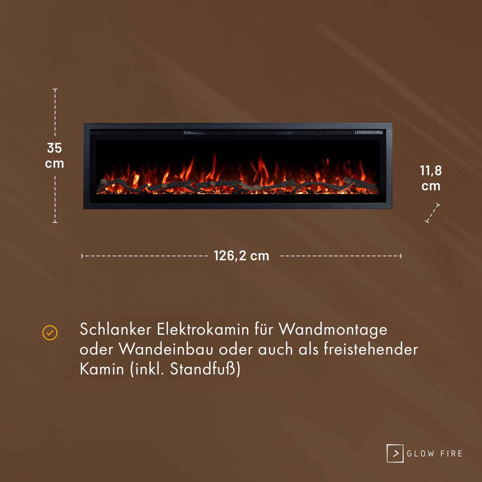 GLOW FIRE Kominek elektryczny Core 127 z realistycznym ogniem LED 3D – ścienny kominek elektryczny z ogrzewaniem i ogniem, sterowanie za pomocą aplikacji, efekt trzaskania i timer, maks. 1800 W, 127 x