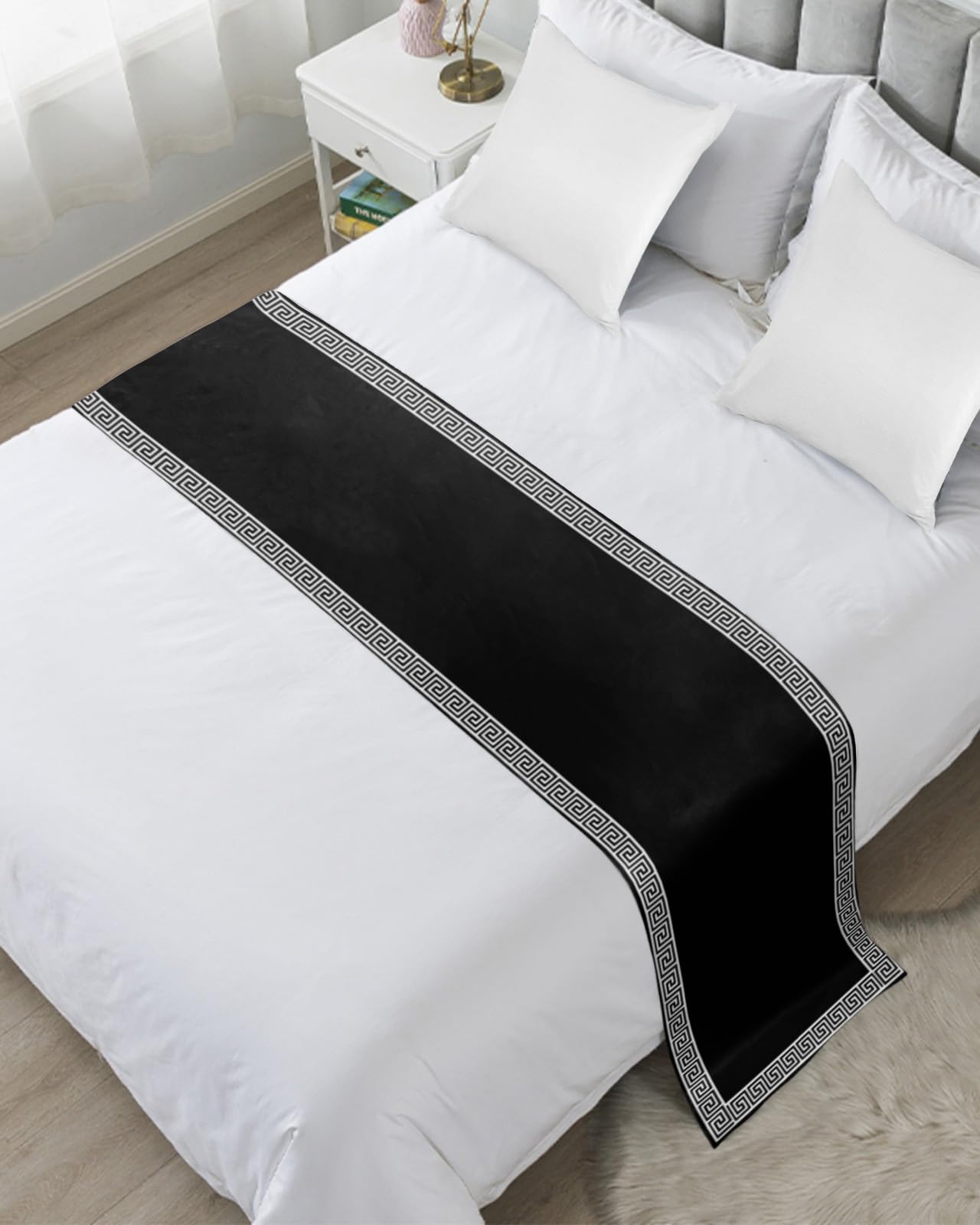 Greek Art Inspired Bed Runners for Bedroom Hotel,Decorative Bedding Scarf Abstract Monochrome Black White Bed End Blanket Bedding Runner Scarves for California King Size Bed,102x20in-picture-13