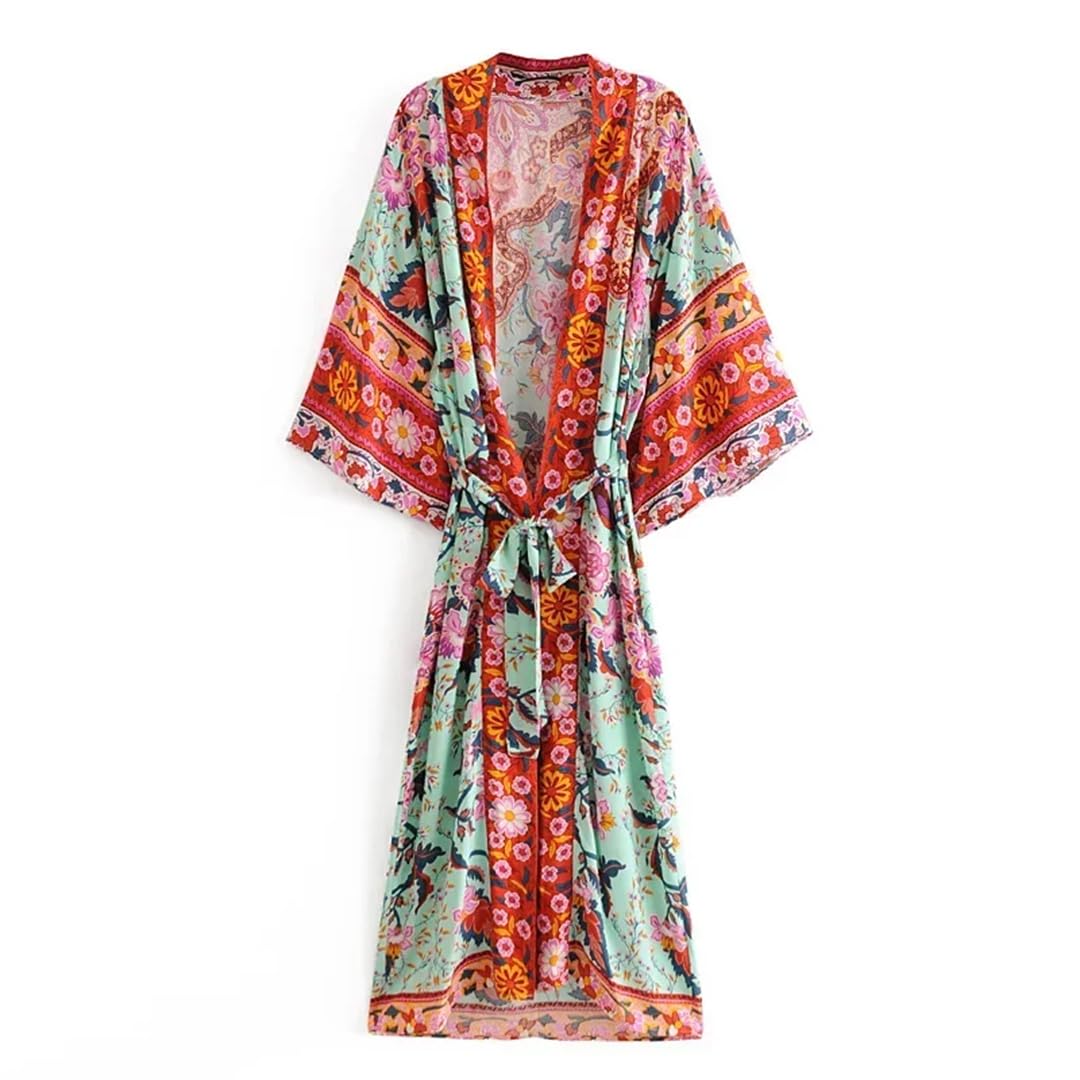Bikini da donna con stampa a pipistrello, stile bohémien, kimono con scollo a V