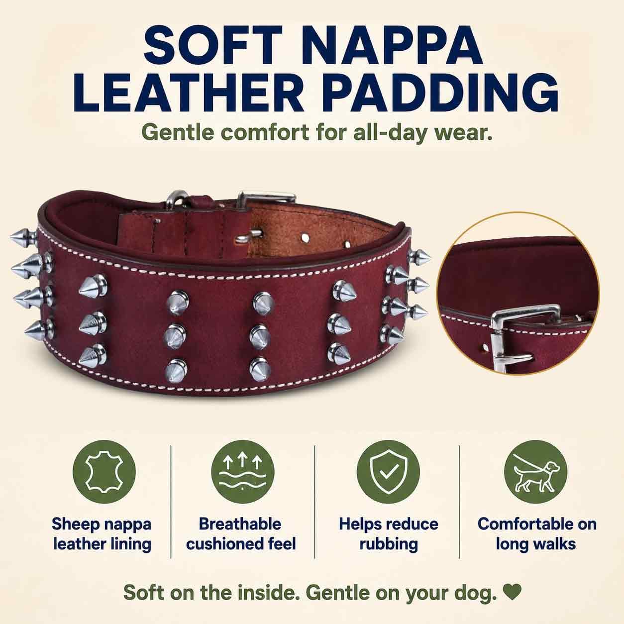 DowgClub Collar de Perro con Pinchos de Cuero auténtico, Grano Completo, Resistente, cómodo, Fuerte, Mejor para Razas Medianas, Grandes y XL, 2 Pulgadas de Ancho (Largo (se Ajusta a Cuello de 18.5 a