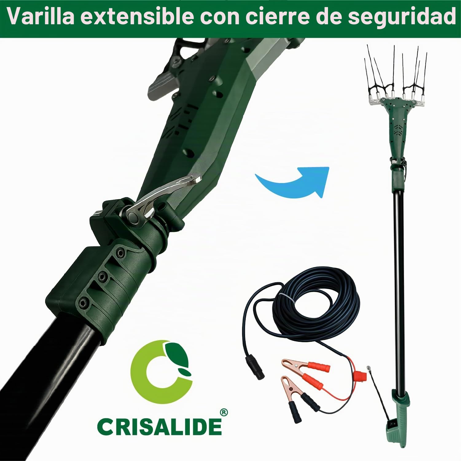 Crisalide® Vareador eléctrico para aceitunas TWIST-12 – Agitador 12 V 140 W Brushless con barra telescópica 2,3 – 3,0 m, peines de fibra de carbono y cable de 15 m – Recolector de aceitunas