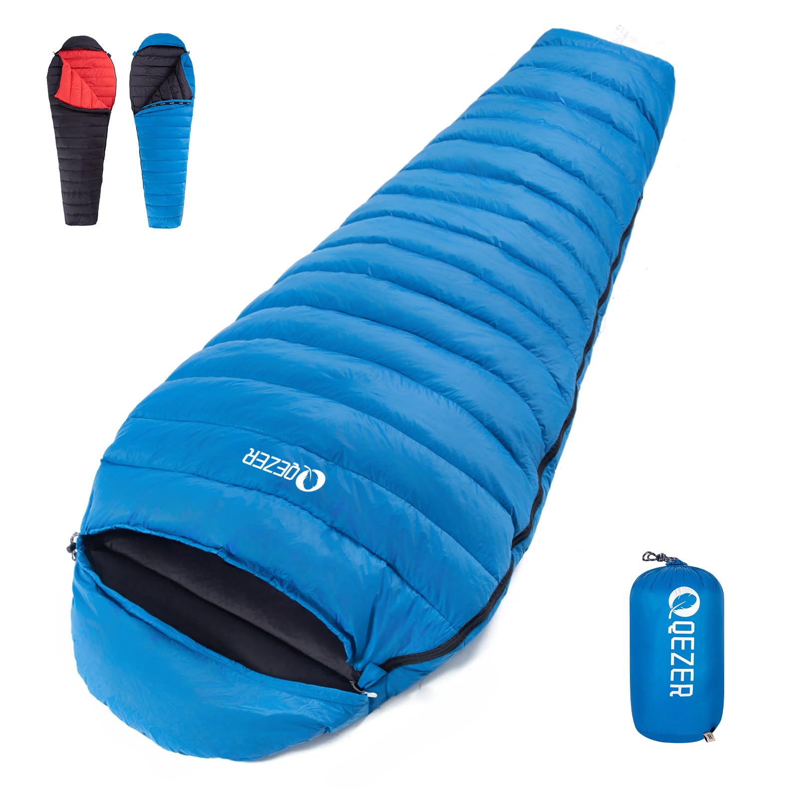QEZER Sommer Schlafsack,nur 730g Ultraleicht Daunen Schlafsack Kleines Packmaß für Kind,Jungen und Mädchen,Erwachsener Camping,Trekking Outdoor (Blau 16℃) Sport & Freizeit
