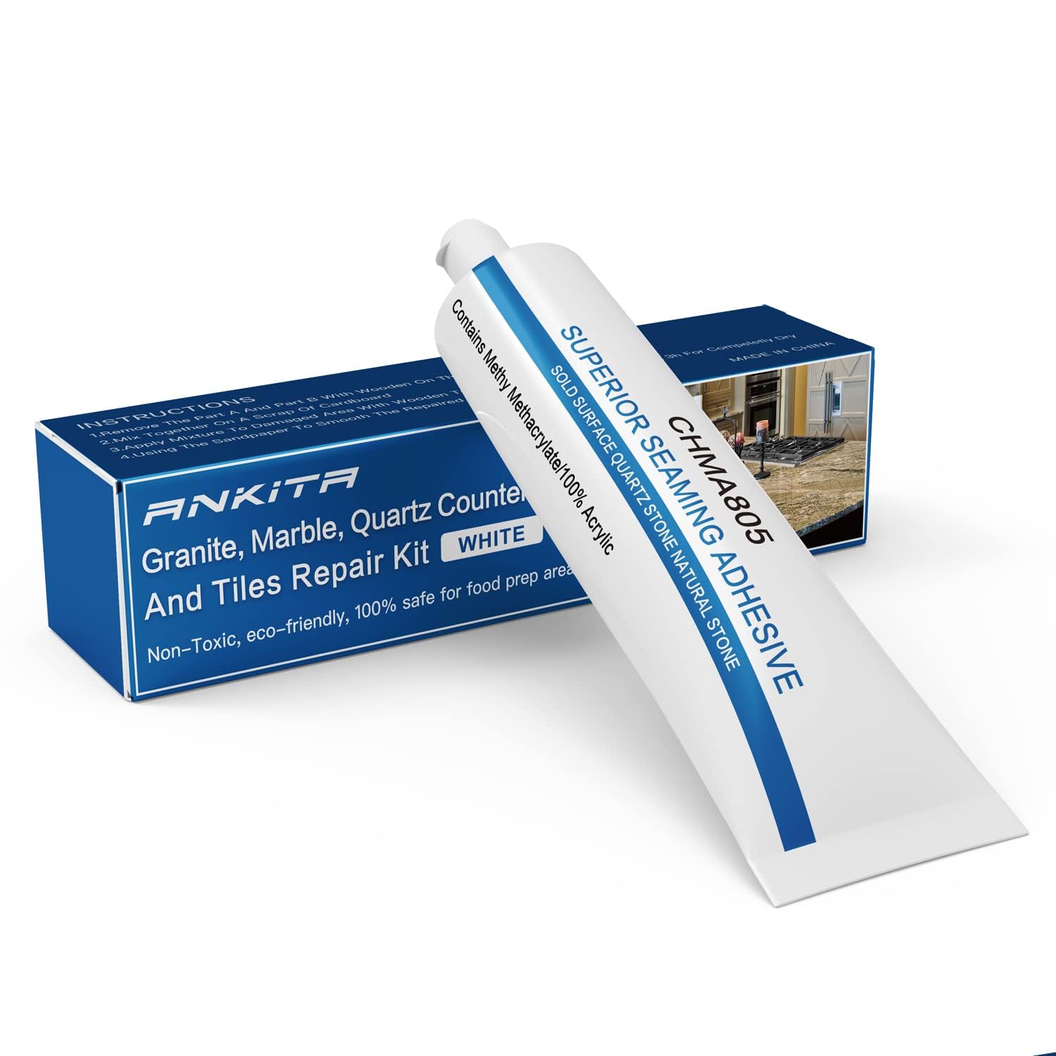 Quartz Countertop Repair Kit (White), Quick-Drying Quartz Repair Kit for Edge Chips, Cracks, Scratches, Nicks on Quartz, Granite, Marble, Porcelain and Other Natural Stone Surfaces