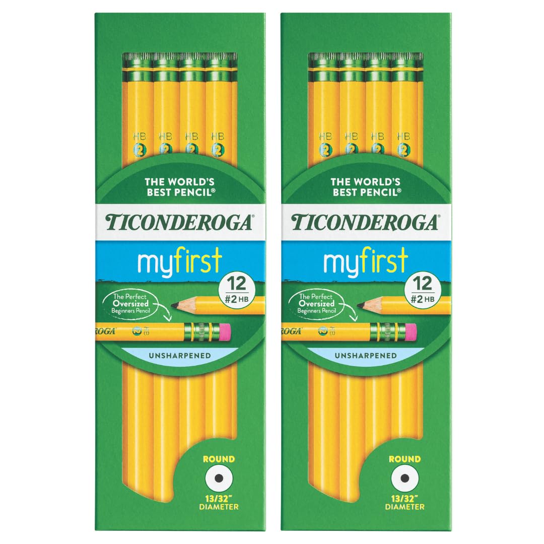 Ticonderoga Paquete de 2 lápices de primaria para principiantes, con borrador, 2 minas, barril amarillo, paquete de 12