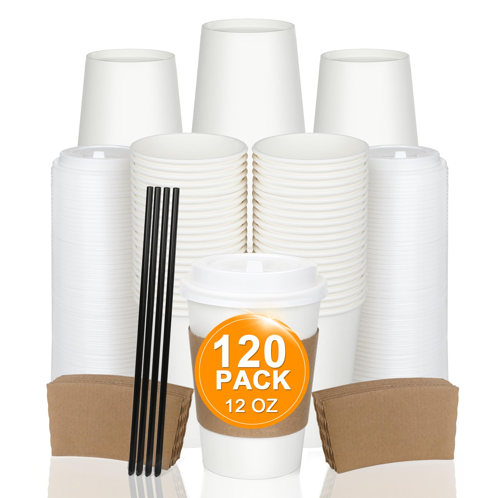 120 Pack 12 oz Paper Coffee Cups Set, Disposable White Coffee Cups with Lids, Sleeves and Stirring Sticks, Fit For Cold and Hot Drinks