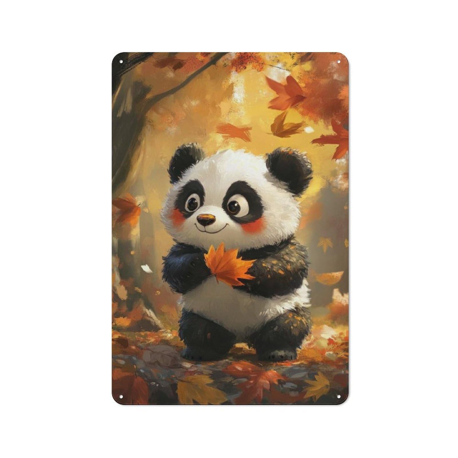 Junmoney Adorable Panda In Autumn Tin Wall Plaque 30X20cm With For Hallway Wall, For Home Interiors, Feature Walls And Decorative Displays