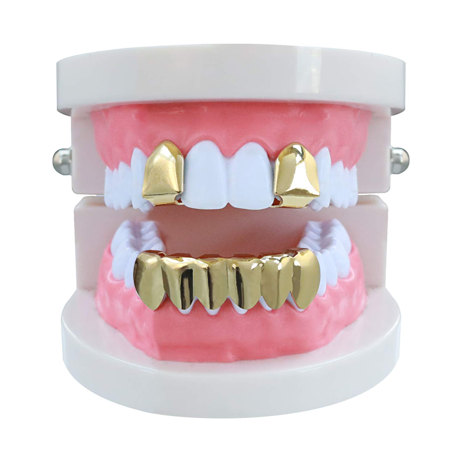 Gold Grillz Hip Hop Gold Plated 2pcs Single Top and 6pcs Bottom Teeth Grillz for Men + 2 Extra Molding Bars