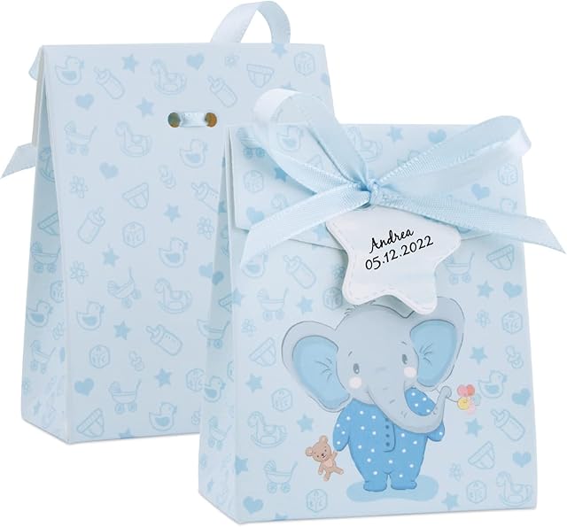 50pcs 4 x 8 x 10cm Mini Birth of Baby Boy Gift Bags with Star Tags - Blue with Elephant Pattern Baby Shower Party Supply