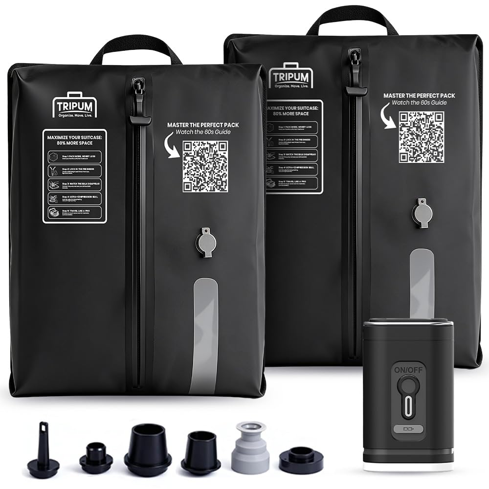 Tripum Duo 2 Pack Vacuum Seal Bags for Clothing Travel with Pump - Travel Vacuum Bags with Pump for Luggage + USB Charging Cable & Pouch, Space Saver