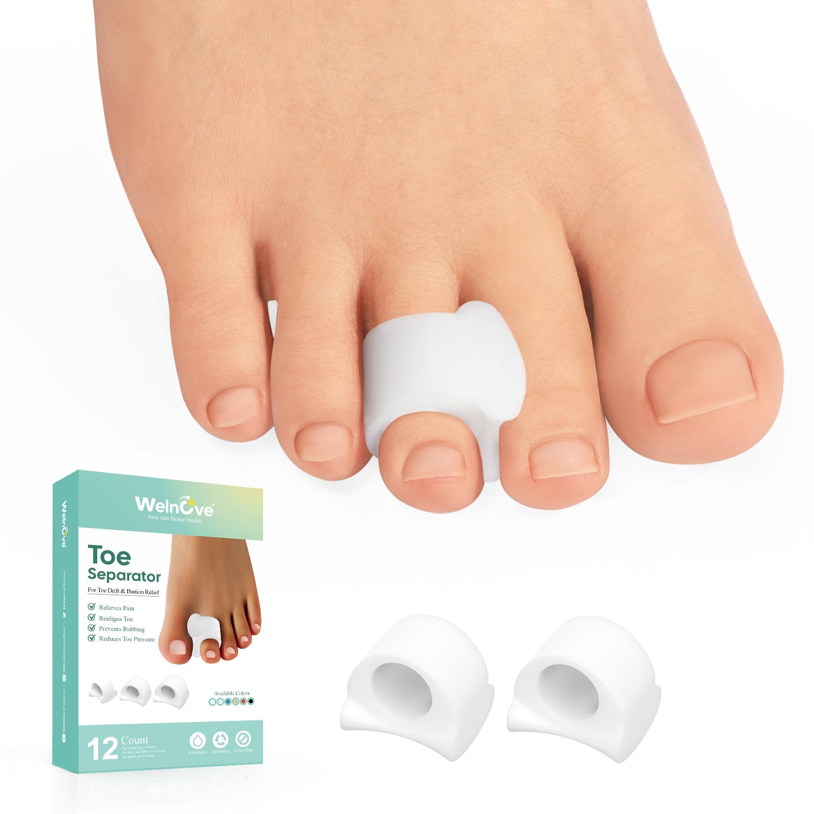 Welnove Toe Separator for Overlapping Toes - 12 PackToe Spacers for Bunions - Toe Corrector for Hammer Toes, Realign Crooked Toes - Preventing Rubbing Relieve Pressure (Small, White)