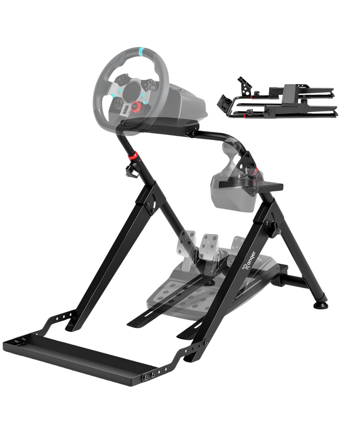 Ranqer Racing Wheel Stand Pro Lenkradständer, faltbar, aus Stahl, höhen- und neigungsverstellbar, mit integrierter Sitzhalterung und Schalthebelhalter, für Lenkrad und Pedale, Schwarz