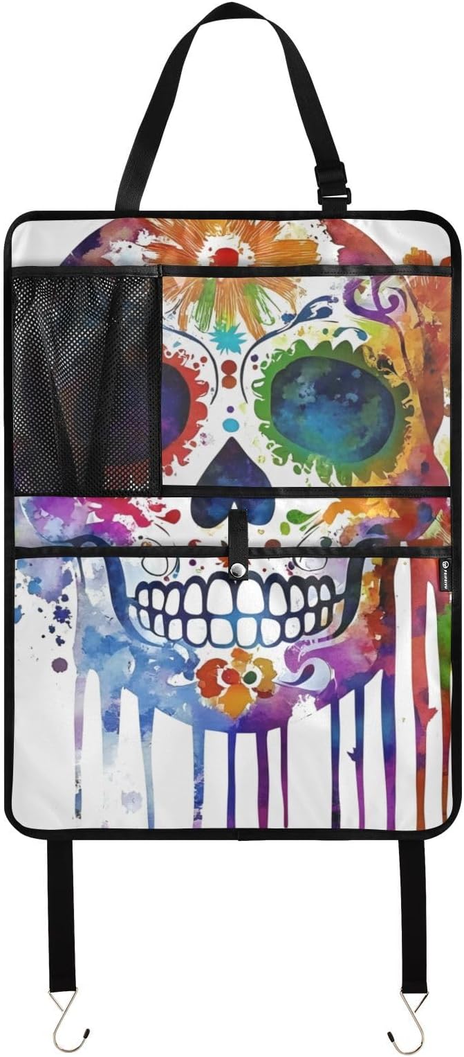 Sugar Skull Watercolor Car Backseat Organizer, Fashion Seat Back Protectors Kick Mats with Storage Pockets for SUV Minivan or Truck Seats