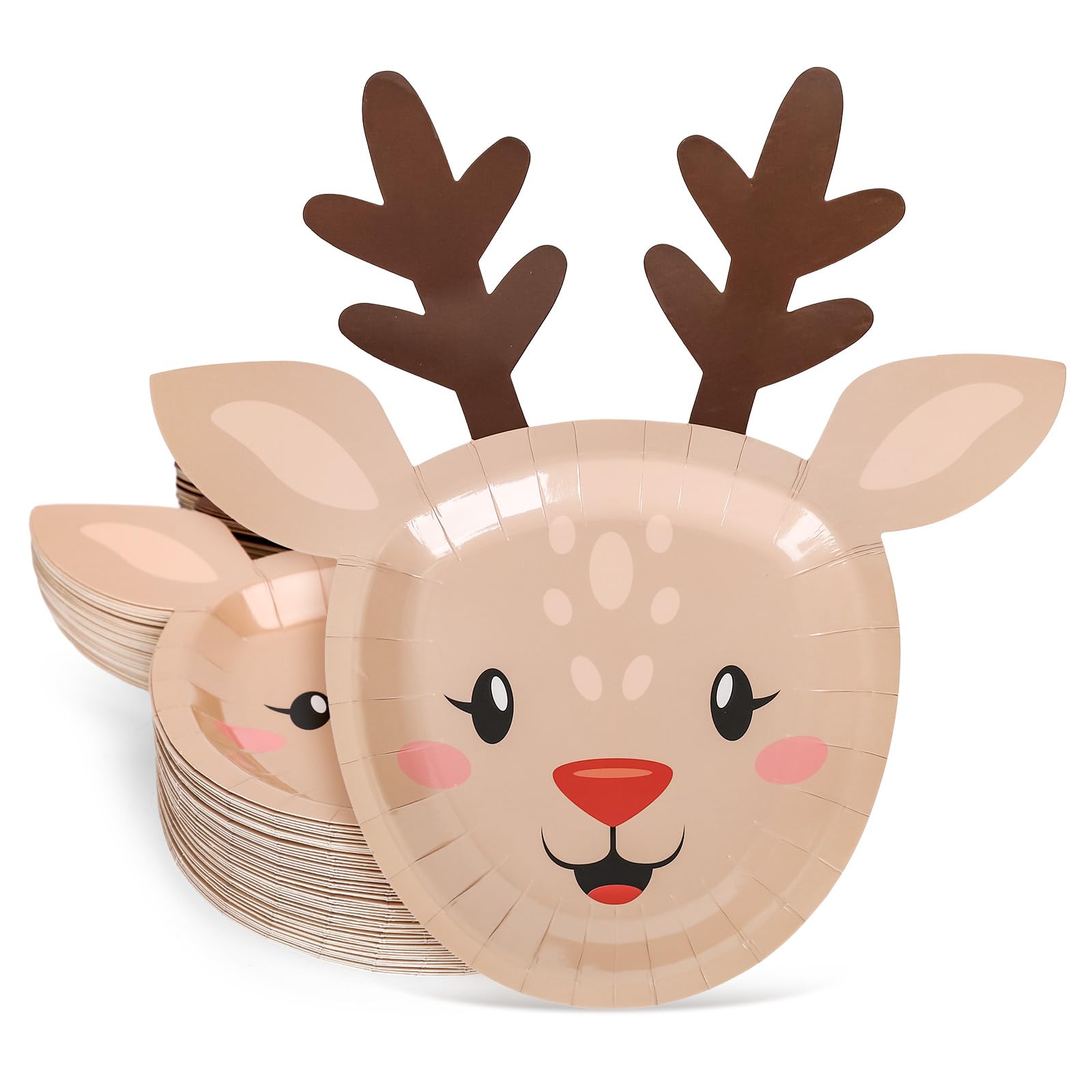 JarThenaAMCS 48 platos de papel de alce de Navidad, divertidos platos desechables de renos de dibujos animados para cumpleaños, invierno, vacaciones, fiestas, suministros de decoración de mesa