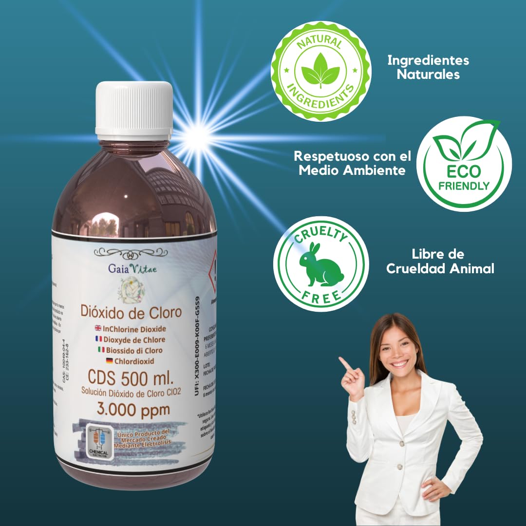 Gaia Vitae - CDS 3000 ppm – 500 ml Cristal Ámbar con Jeringa Estéril 10 ml – Solución Activada 0,3% en Agua Ultrapura