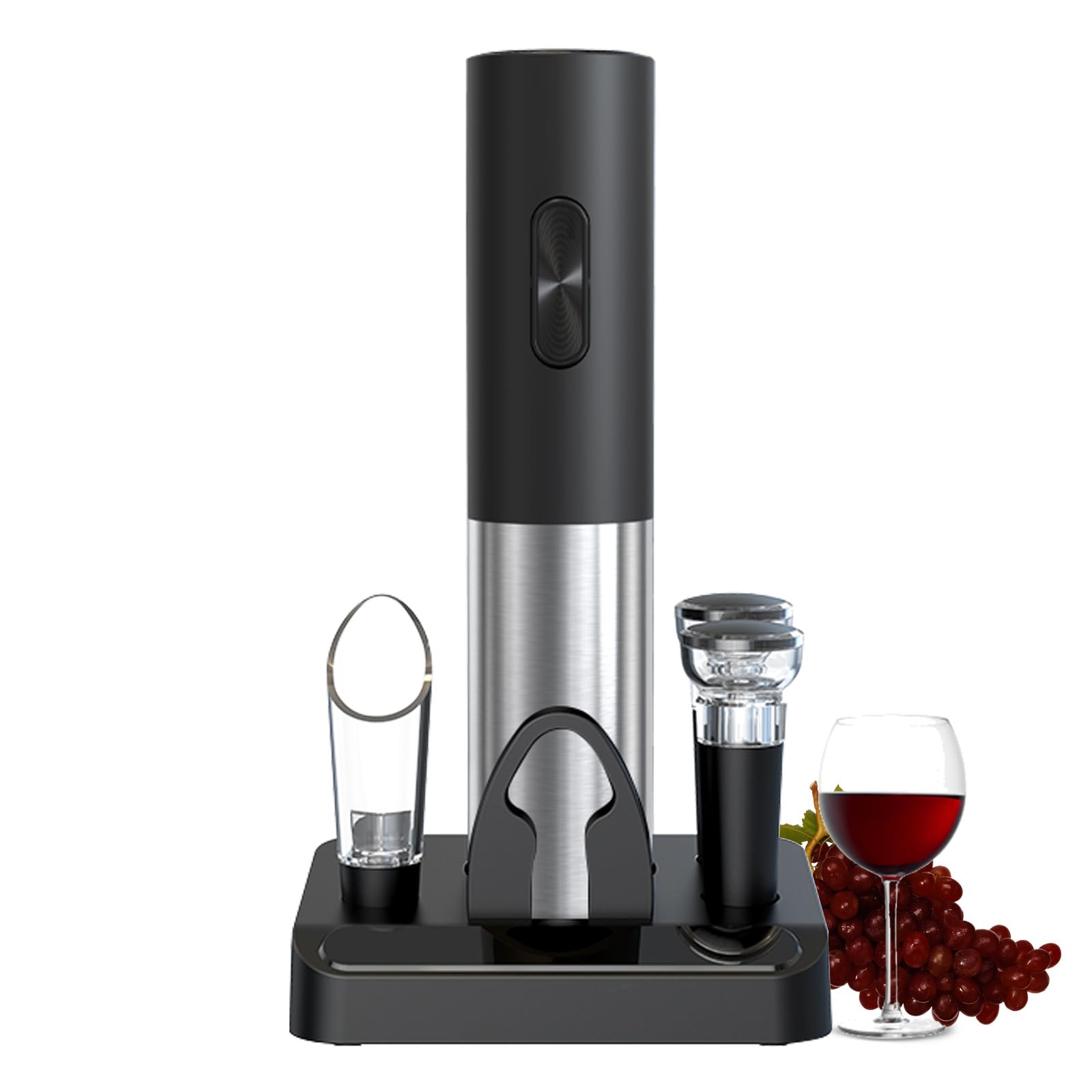 COKUNST Electric Wine Opener Set with Stand, Battery Operated Corkscrews Wine Bottle Openers with Foil Cutter, Wine Pourer, Vacuum Stoppers, Automatic Wine Opener Stainless Steel for Kitchen Party
