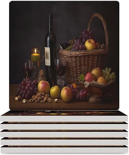 Miniatura 23 de Round-4 posavasos de cerámica para vino tinto, posavasos redondos absorbentes para bebidas, estilo vintage de madera, vino tinto, uvas, frutas y