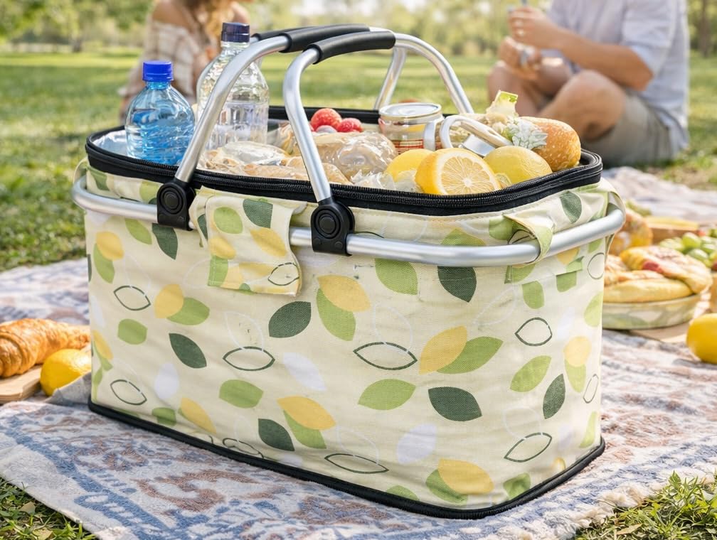 Durable Floral Picnic Bag with Insulated Interior, Aluminum Frame, and Zipper Closure - Stylish Cooler for Outdoor Adventures, Beach Trips, and Travel - Spacious and Easy to Carry-image-39