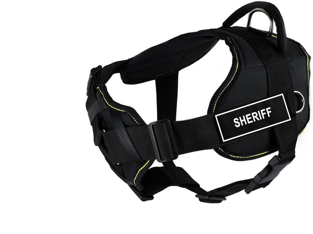 Dean & Tyler Black with Yellow Trim Fun Dog Harness with Padded Chest Piece, Sheriff, Medium, Fits Girth Size 28-Inch to 34-Inch