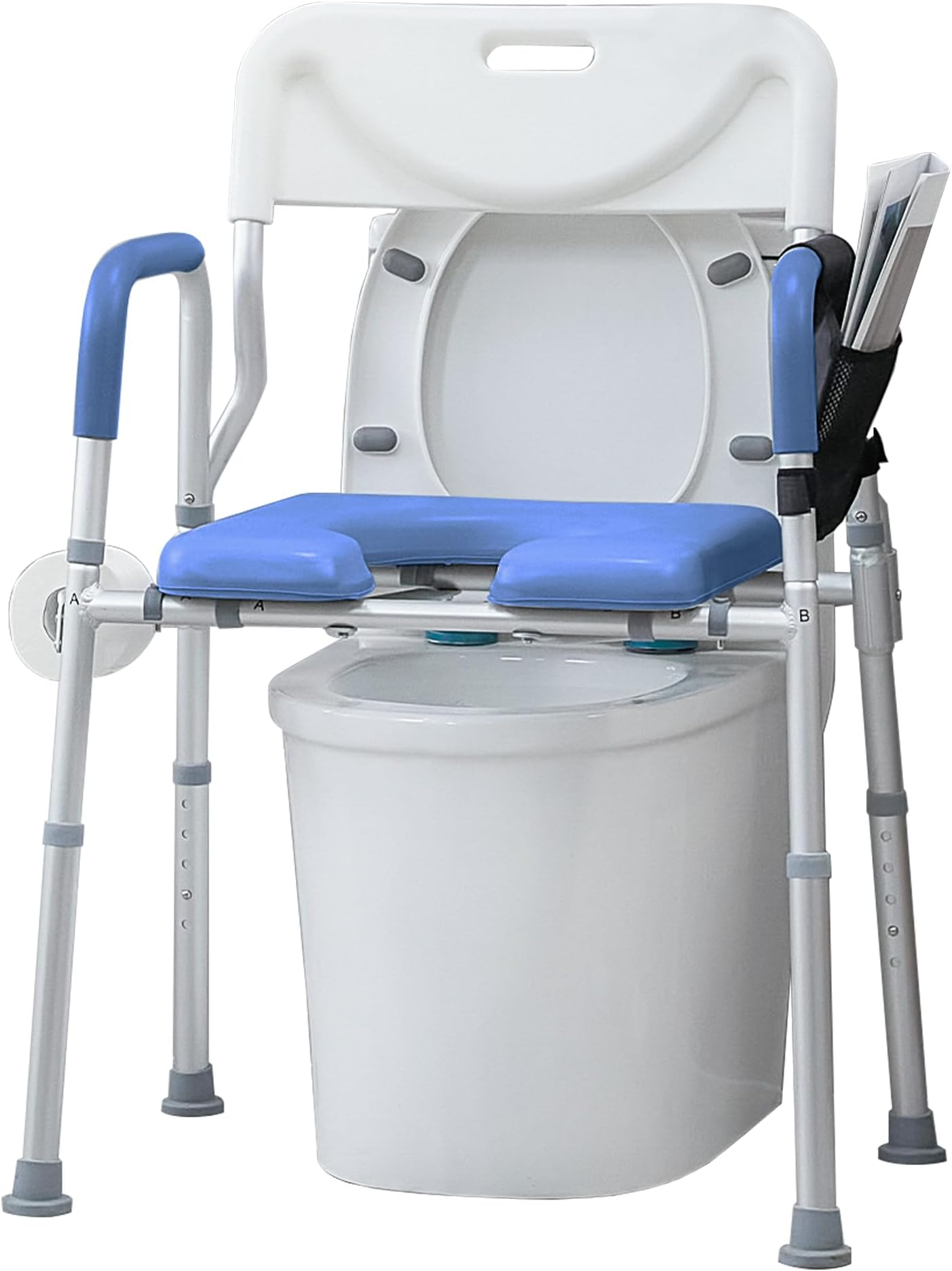Raised Toilet Seat with Armrest and Backrest, Elevated Toilet Seat Riser, Medical Bedside Commode Chair, Shower Chair with Padded Seat, Blue