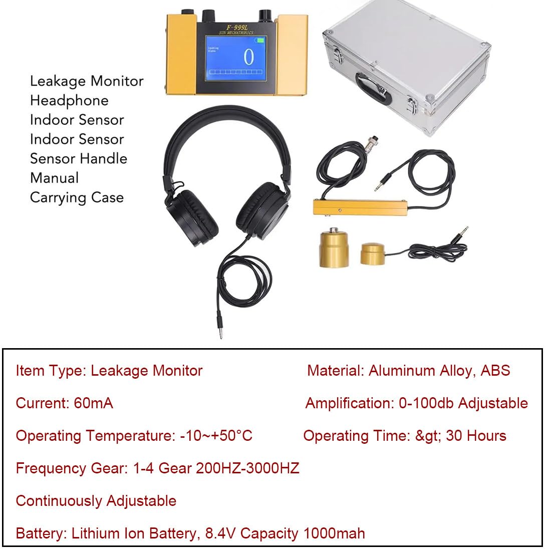 Detector de fugas de agua, sensor geófono ultrasónico de fugas de agua con auriculares ajustables para detección de fontanería, monitor de 4 engranajes para fugas de tubería de agua