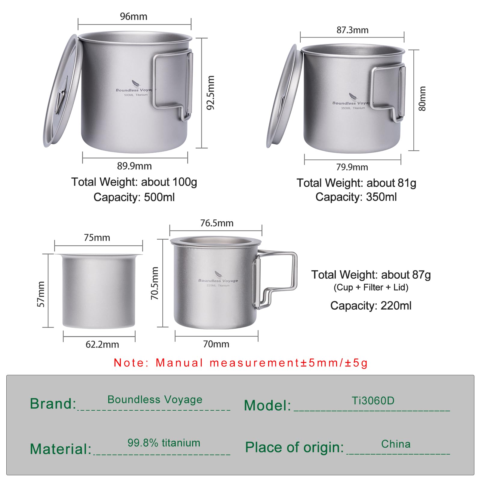 Boundless Voyage Kubek kempingowy tytanowy jednowarstwowy kubek do kawy na herbatę ultralekki podróżny na zewnątrz przenośne naczynia do picia 220 ml 350 ml 500 ml (Ti3060D-3 w 1 zestaw)