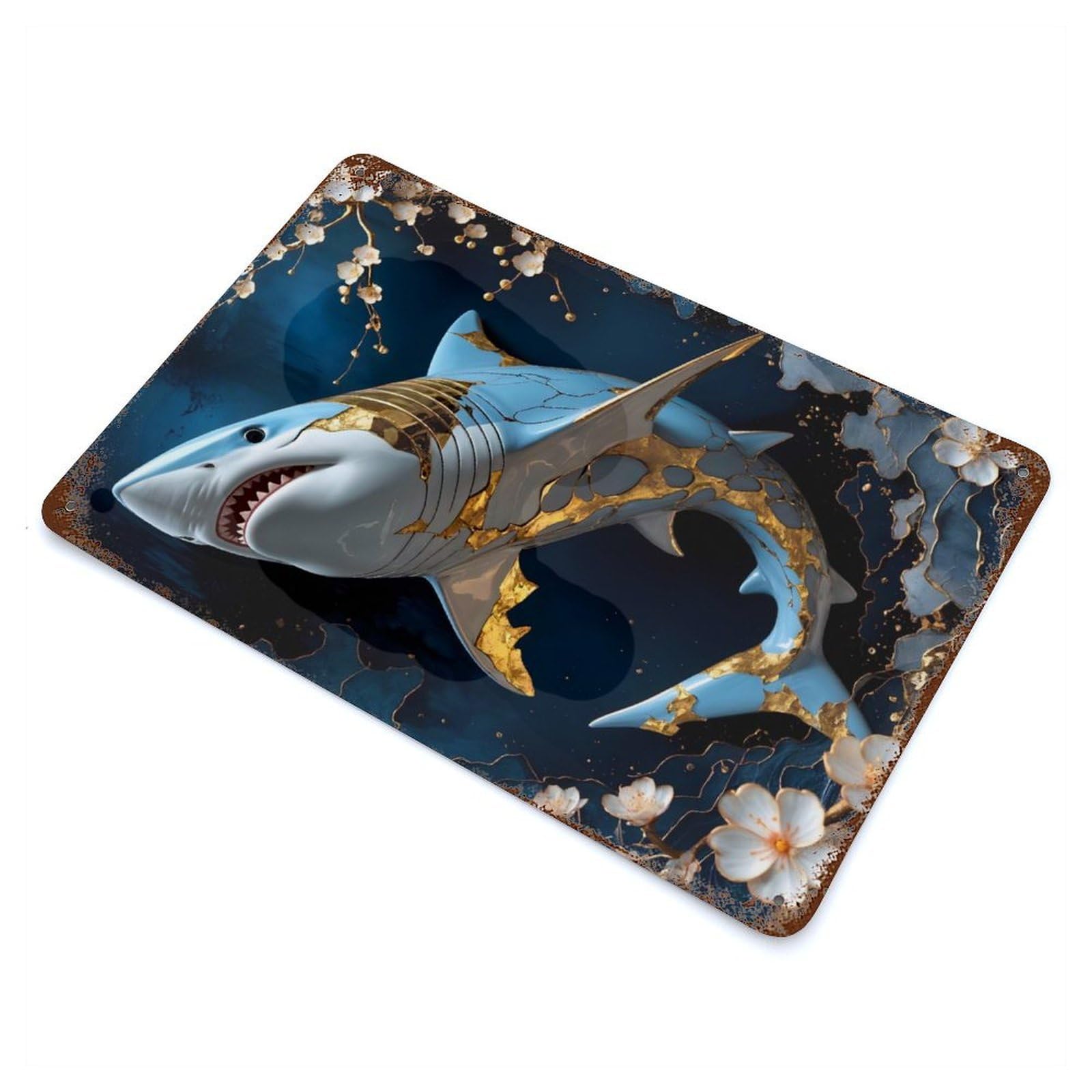 Retro Metal Sign with Shark Gold Kintsugi Art Design 11.8"x7.9", for Pub, Kitchen And Man Cave Decor, Rustic Home Decor