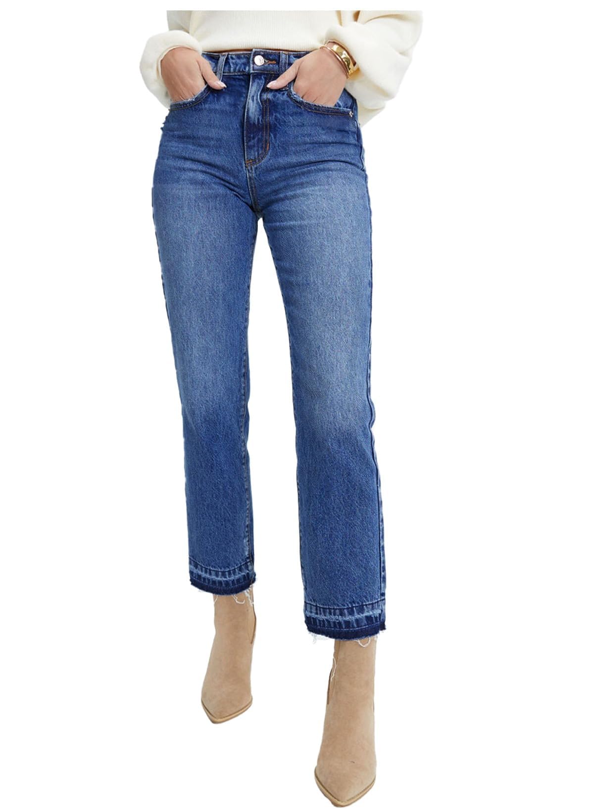 Astylish Womens High Waisted Straight Leg Ankle Jeans Casual Stretch Denim Pants