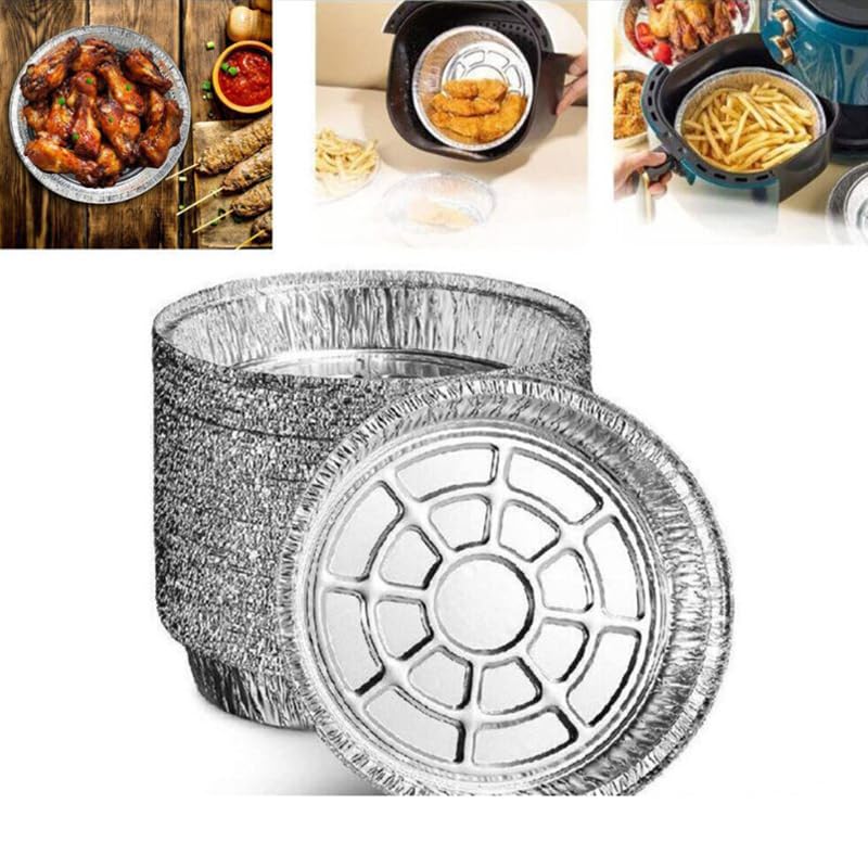 hardinox 50Pcs Round Foil Trays, 7 Inch Tin Foil Dishes Disposable Foil Plate Container Air Fryer Liners Aluminum Foil Round Tin Foil Pans for Party Baking Roasting Cooking (7inch)