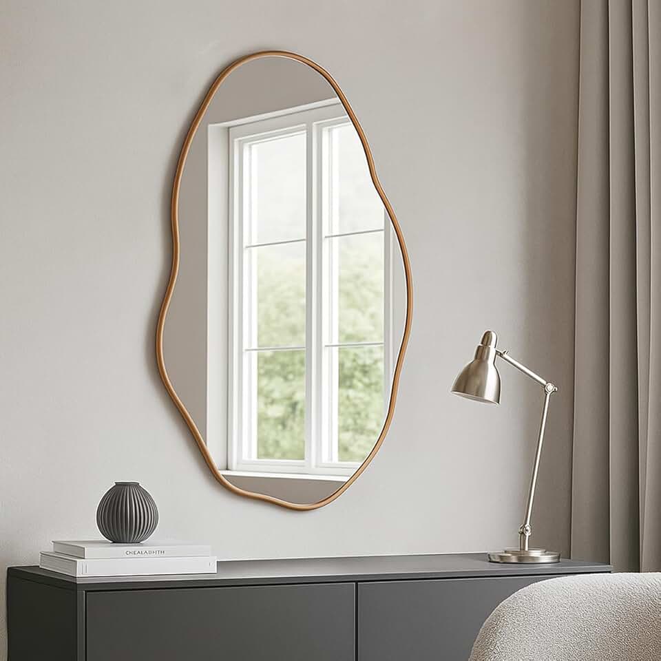 Espelho Orgânico Pedra 80x50cm Design Moderno com Moldura em Couro para Decoração Sofisticada (Caramelo)