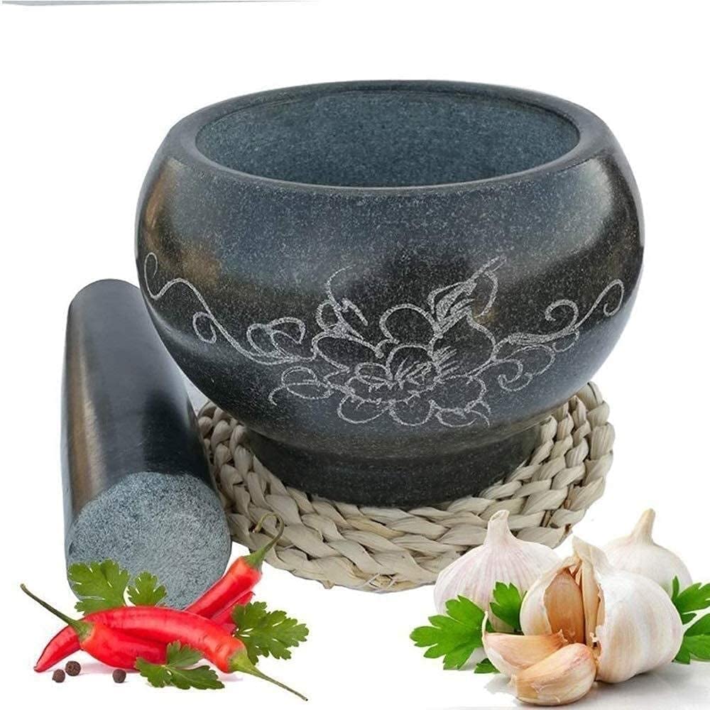 Mortero Manchado y pestillo Set-2 Capacidad de Taza, Granito Pesado Antideslizante, Maja Grande, Negro