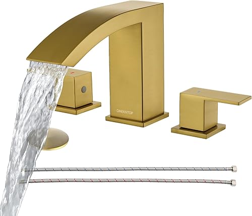 OMEKNTOP Grifo de baño negro mate, 8 pulgadas, cascada, grifo de lavabo de 3 agujeros, grifo de baño negro con drenaje desplegable y manguera, grifo