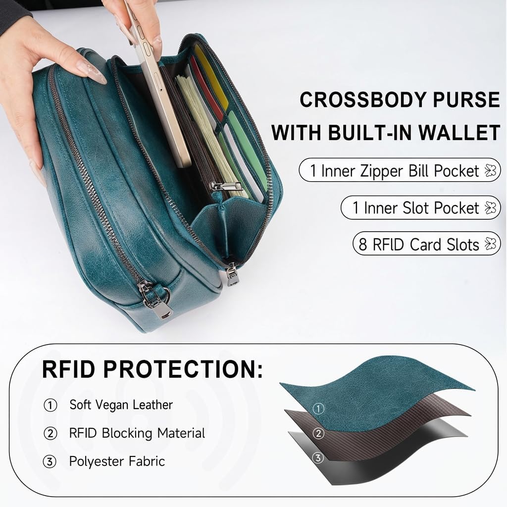 BELTANA Women's Vegan Leather Crossbody Purse with Built in Wallet, Butterfly Trendy Shoulder Handbag with Adjustable Strap | Smooth Zipper, RFID Blocking, Multiple Pockets, Anti Theft, Gift, Travel