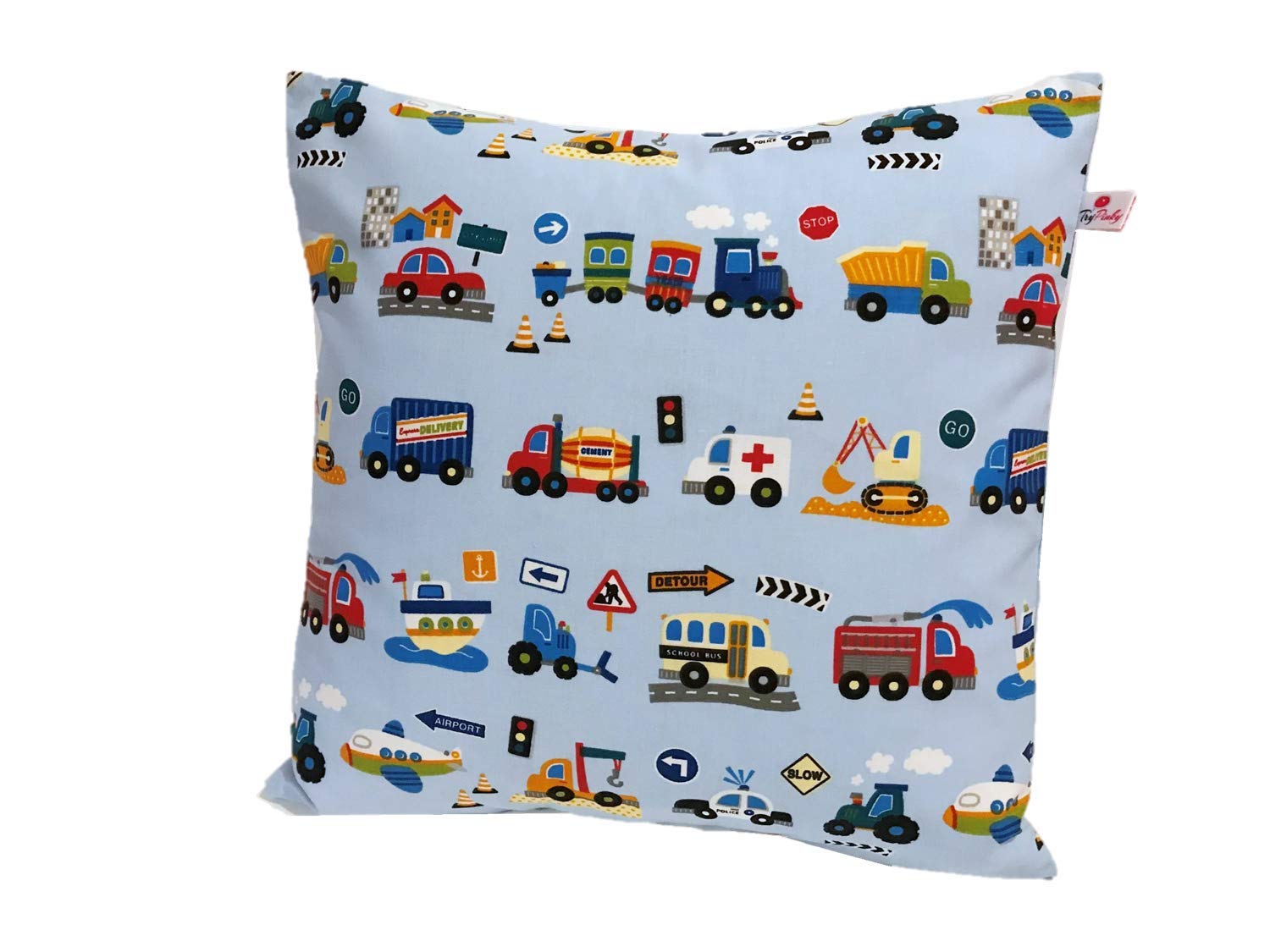 Funda de cojín hecha a mano para niños, 40 x 40 cm, 100 % algodón, diseño de coches, color azul claro
