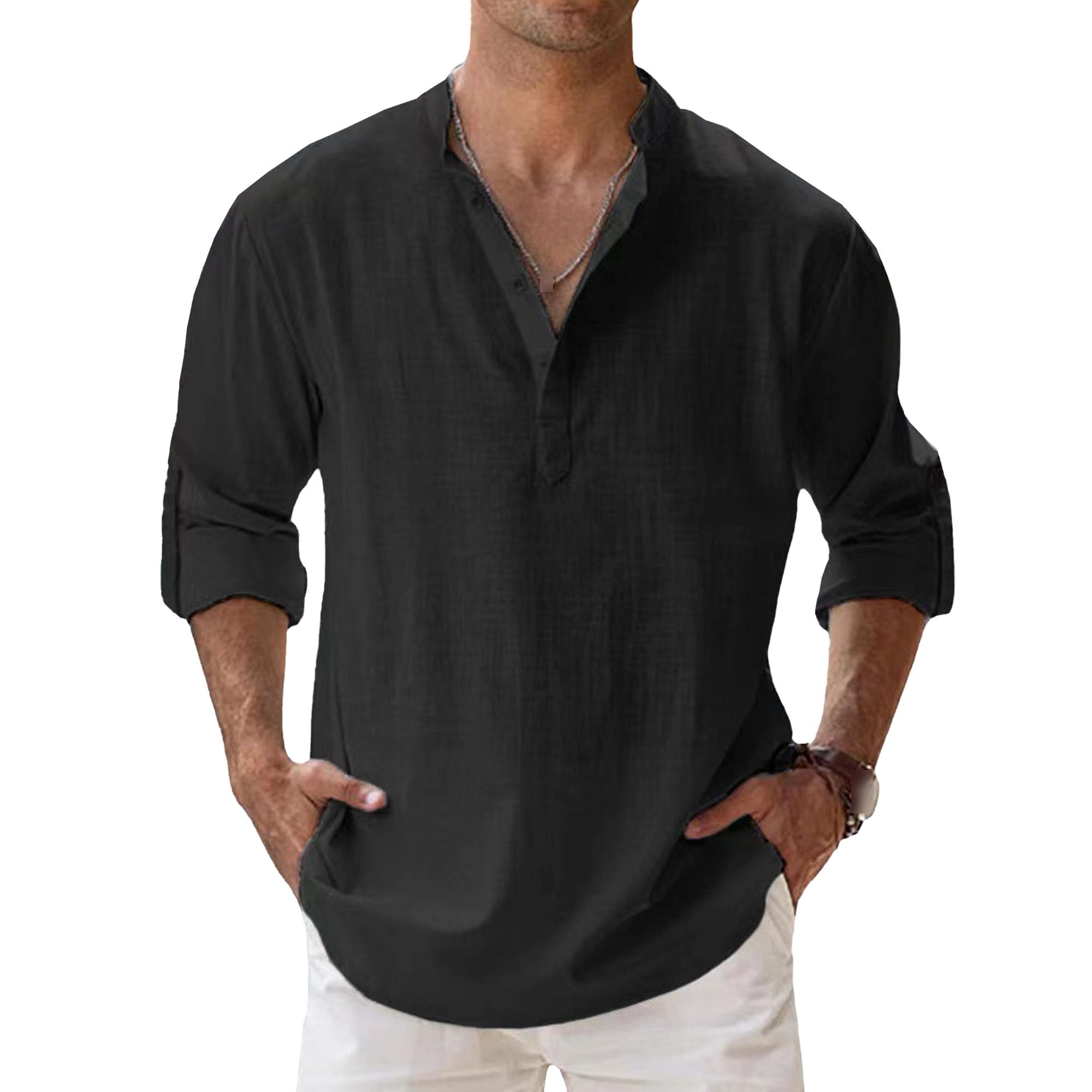 Maiyifu-GJ Men's Linen Cotton Henley Shirt Casual Roll-Up Long Sleeve Basic Shirt Band Collar Plain Blouse Tee (X-Large,Black)