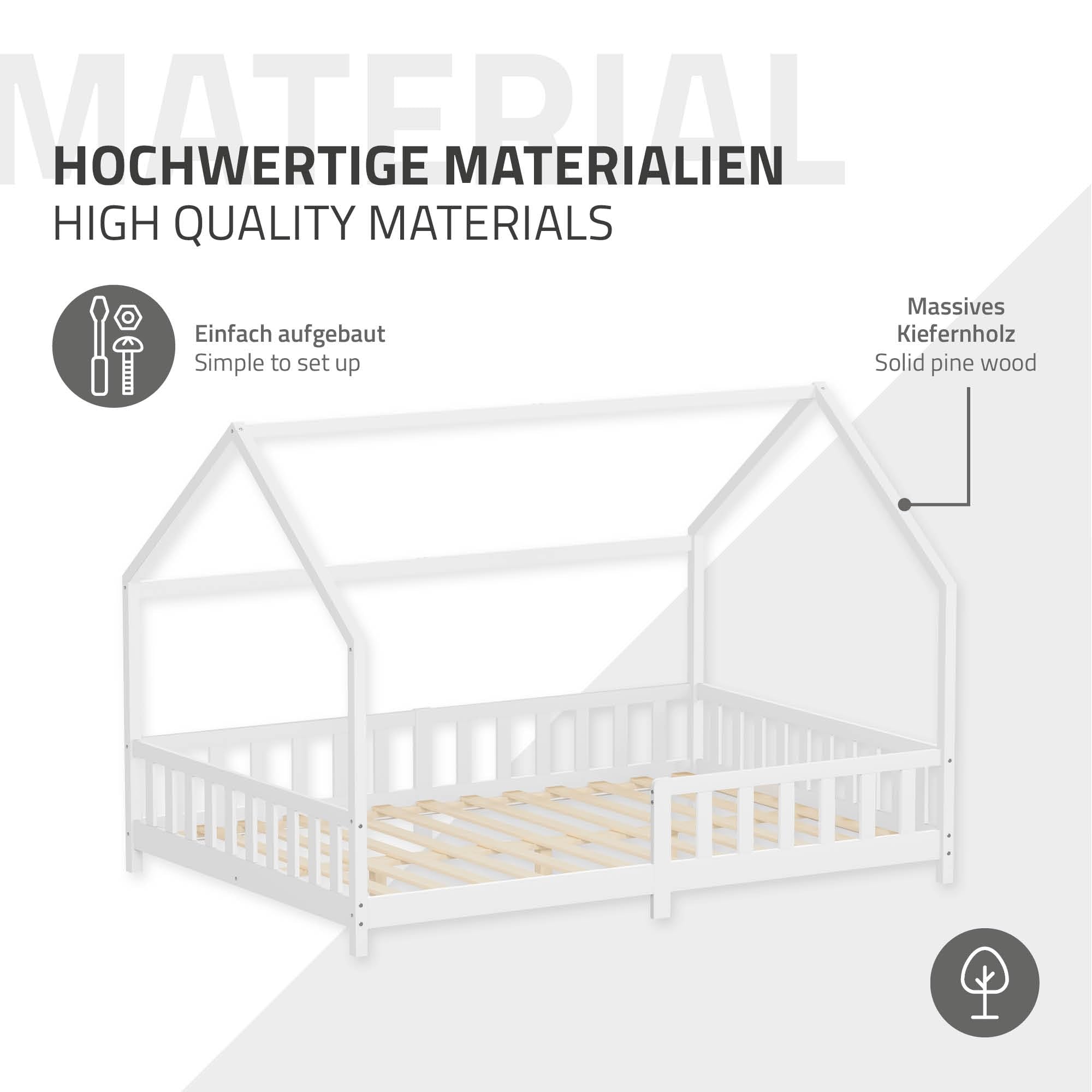 ML-Design Cama Infantil 140x200cm Blanco, con Protección Anticaída, Techo y Somier, Estructura Listones de Madera de Maciza de Pino Lecho Doble Montessori Forma de Casa Mobiliario Juvenil, para Niños