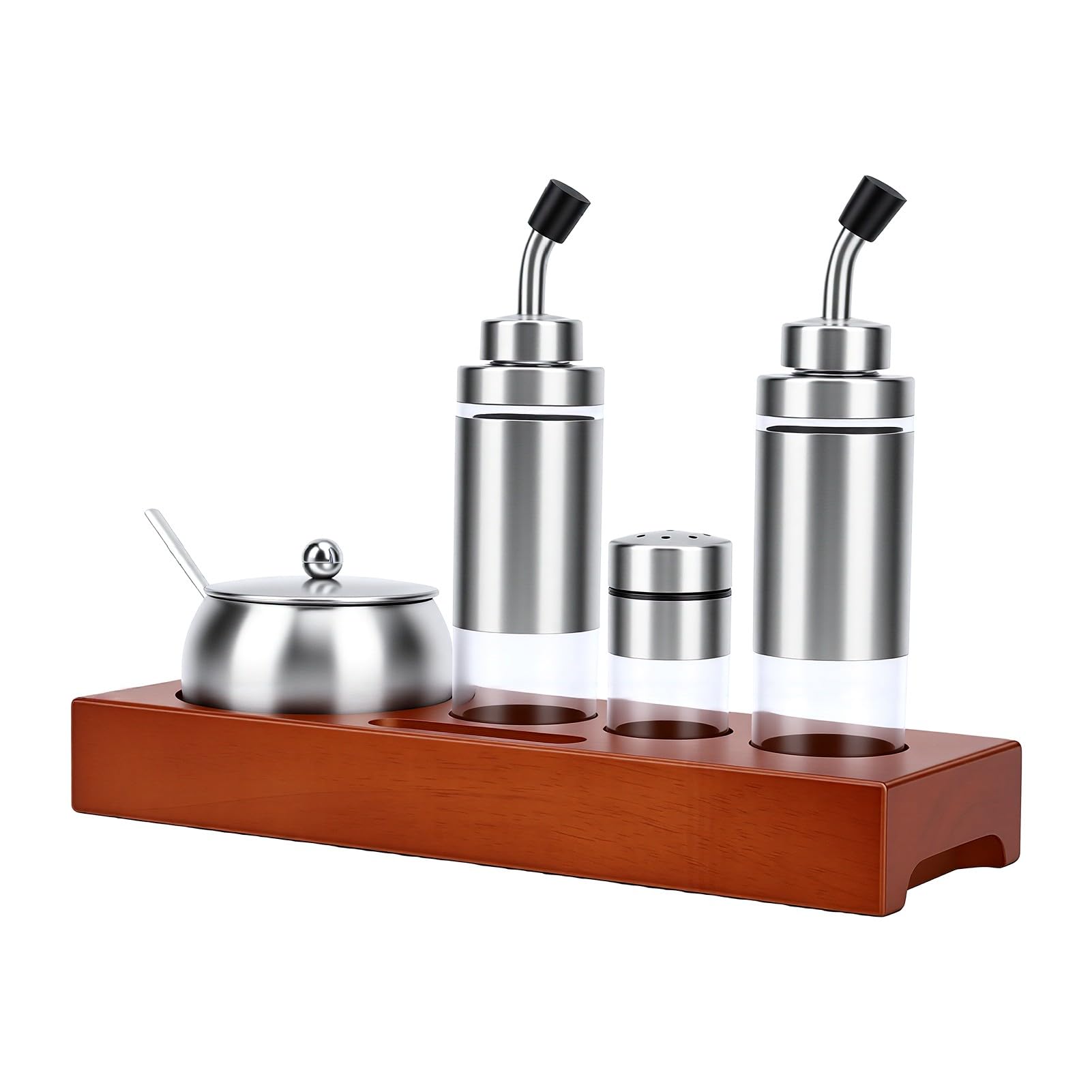 Gewürzdosen-Set, Elegantes Design, Luftdichte Gewürzaufbewahrung für den Esstisch, 4 Einheiten, Edelstahl, Eichenholz