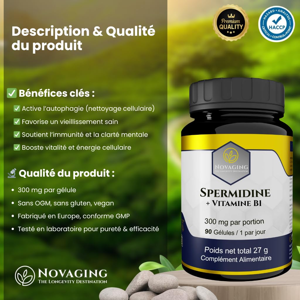 Spermidine 6 mg + Vitamine B1, Régulation cellulaire. 90 Gélules Vegan | NovAging© Haute qualité. 3 mois de cure. Précisement dosé. Testé sans Gluten, OGM ni allergènes.