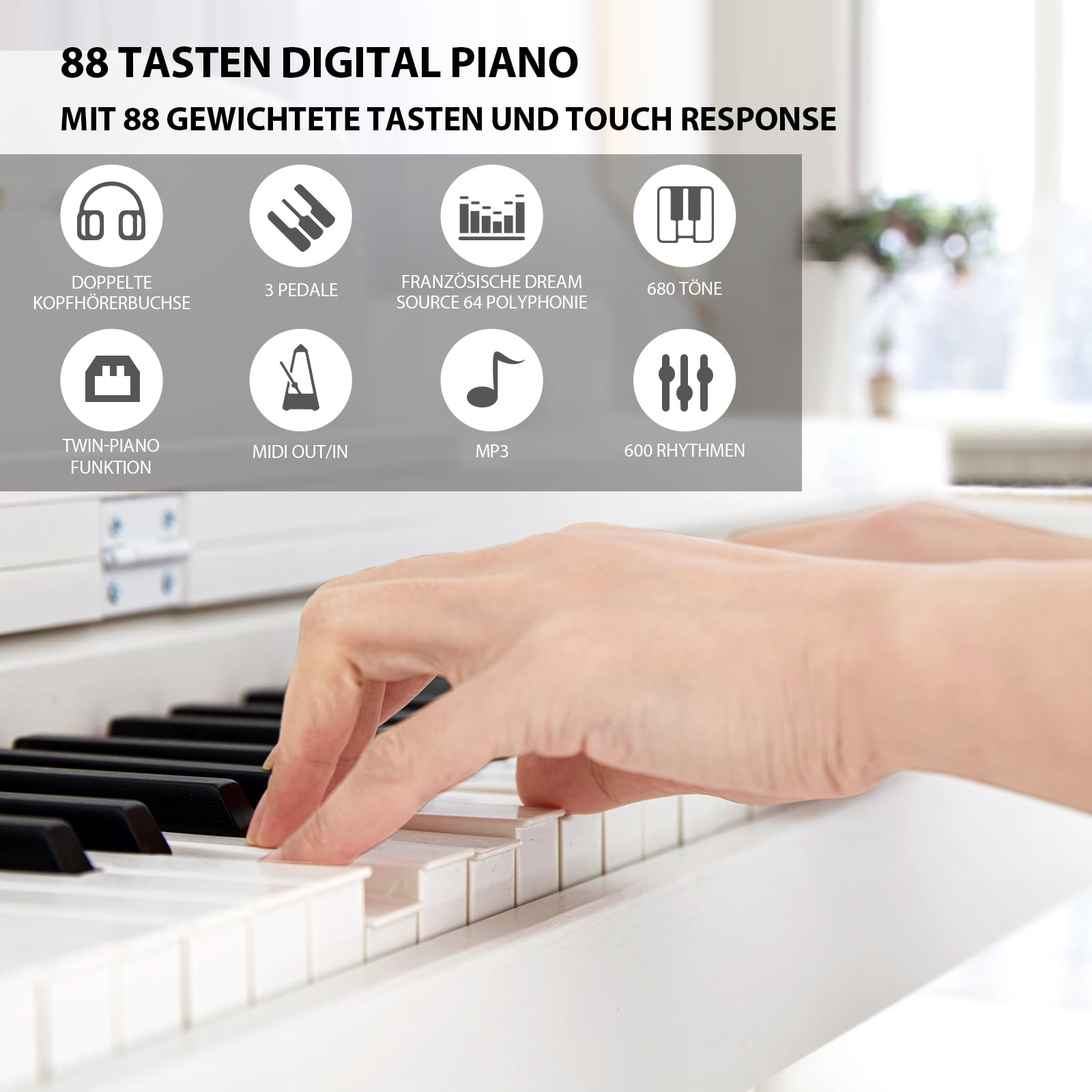 MUSTAR Digital Piano 88 Tasten, E Piano weiß, Elektrisches Klavier mit Klavierständer, 3 Pedale Adapter, 2 Kopfhöreranschluss, LCD-Bildschirm, USB/MIDI, Piano für Anfänger