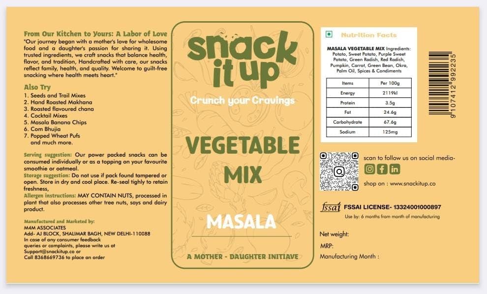 Image of Snack It Up Vegetable Mix Chips 50gm | Veggiemix Vegetable Snacks Baked | 8 Superfood Guilt‑Free & Oil‑Free | Crunch Chip (50 g (Pack of 1), Seasoned Mixed Vegetables)