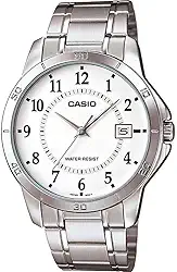 MTP-V004D-7B Relógio de aço inoxidável com mostrador branco, Prata, Casual