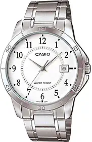 MTP-V004D-7B Relógio de aço inoxidável com mostrador branco, Prata, Casual