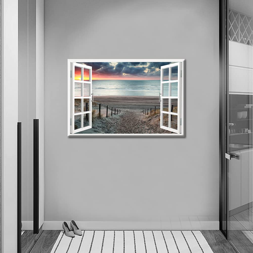 TISHIRON 3D Window Effect Coastal Picture Artwork Beach Seascape Canvas Wall Art with Wooden Pathway to Ocean for Bedroom Wall Decor Stretched and Framed Ready to Hang 16x24inch - Image 2