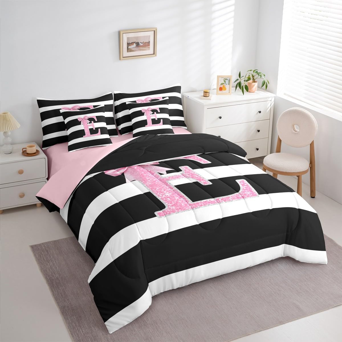 Erosebridal Monogram Letter E Queen 7 Piece Bedding Set for Kids Pink Bow Initial Letter Bed in A Bag Black White Stripes Comforter Set for Girls Teens Bedroom Decor Kawaii Bowknot Bed Sets