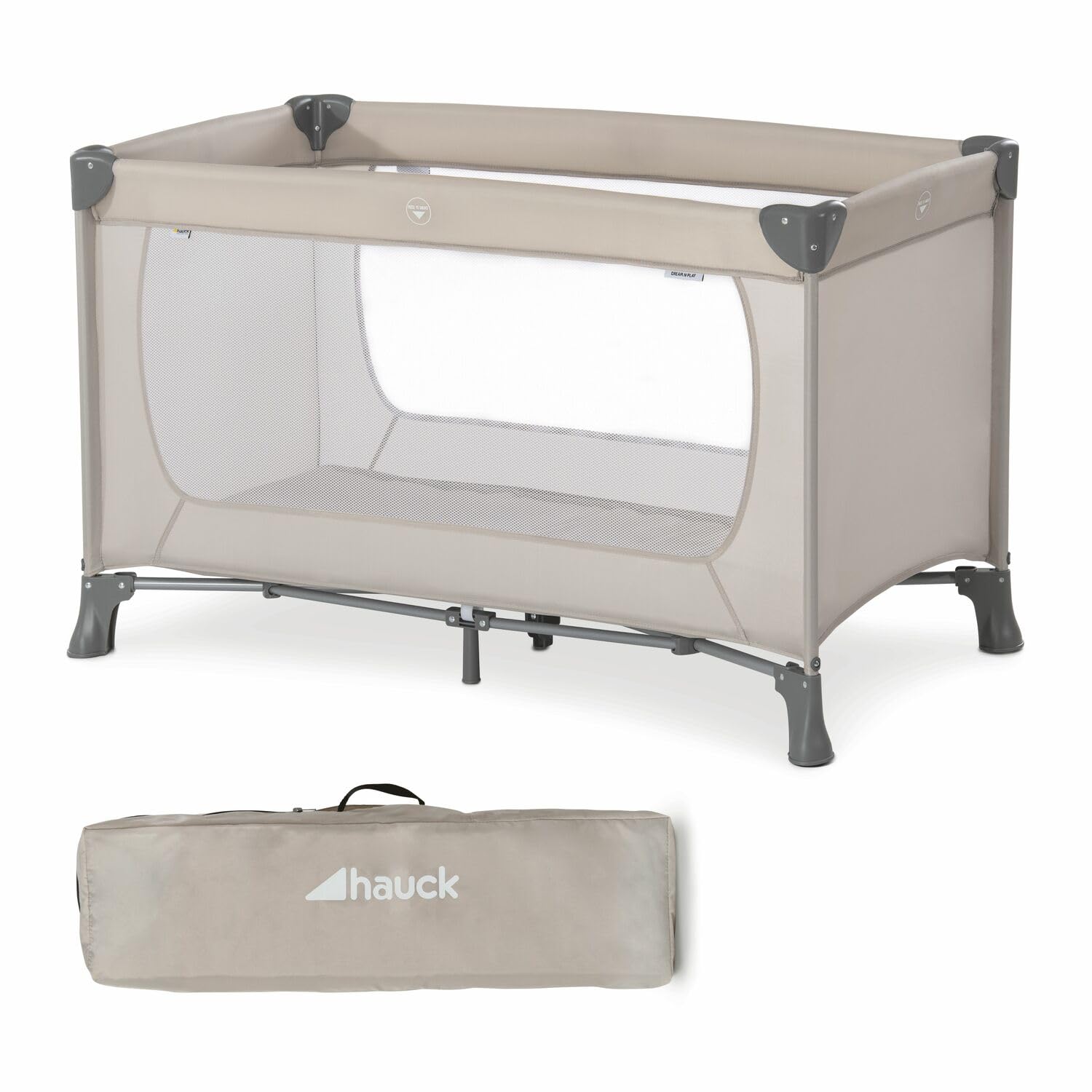 hauck Dream N Play Reisebett ab Geburt bis 15 kg, Beige – kompakt zusammenklappbar, inkl. Tragetasche und Faltboden