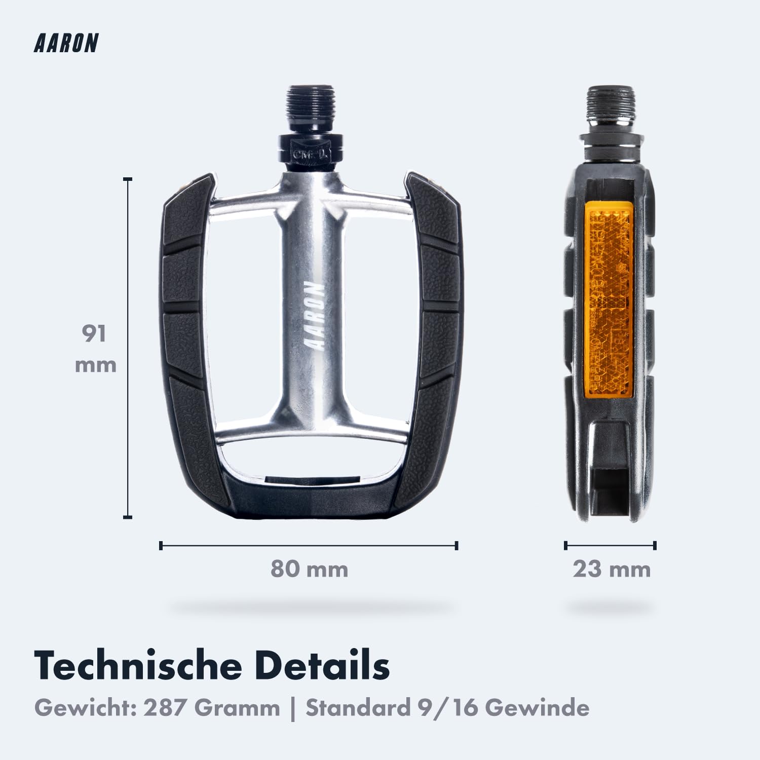 AARON City Fahrradpedale mit rutschfestem Gummi Grip und abgedichtetem Industrie-Kugellager, Trekkingpedale mit Reflektoren für E-Bike, Trekking Bike, City Bike, Silber/Schwarz